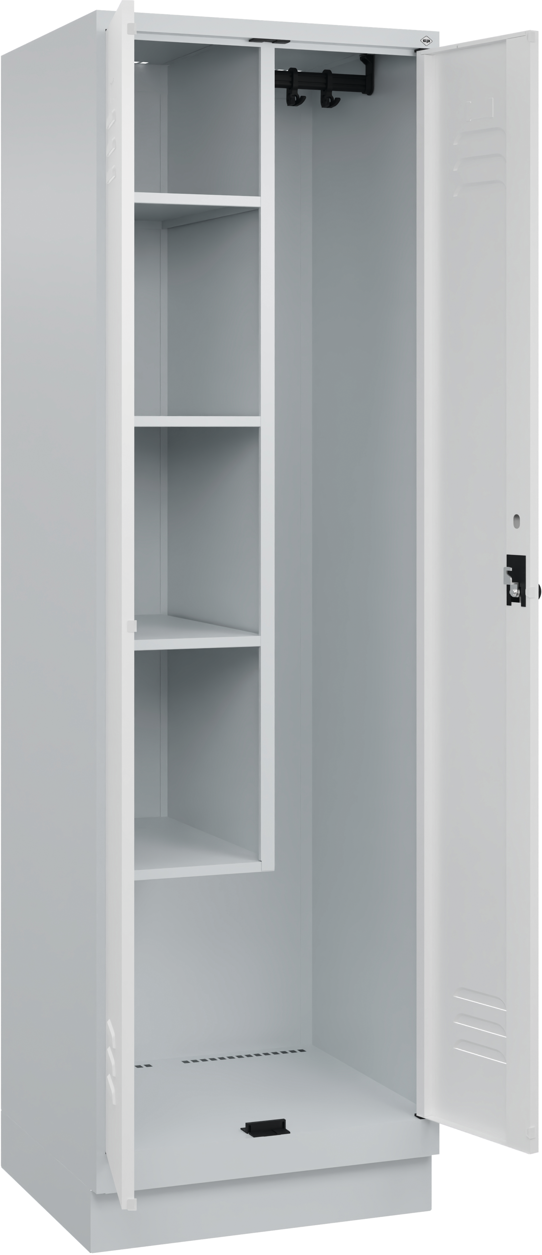 Wäsche-Geräteschrank mit Sockel und verkürzter Mitteltrennwand RAL7035 B600 x H1950 x T500mm