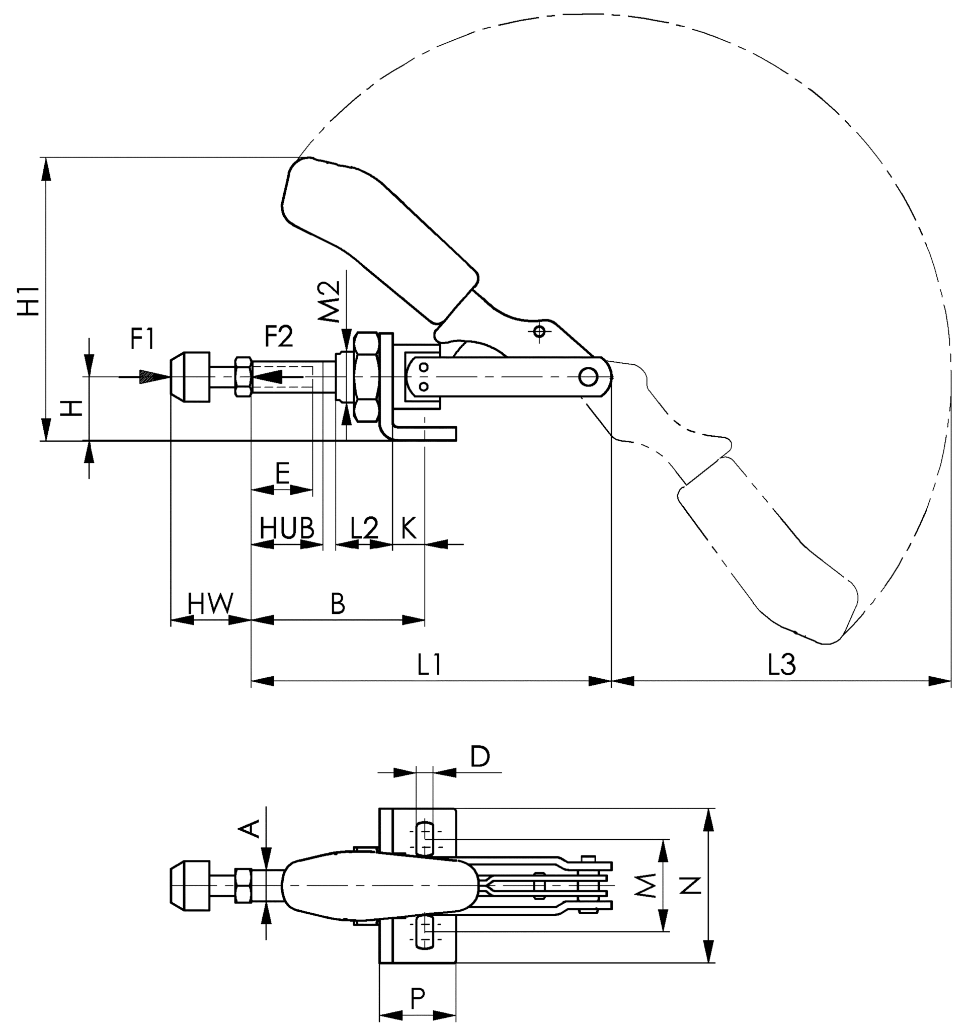 Schubstangenspanner Winkelfuß klein H60mm L91mm Gr. 1