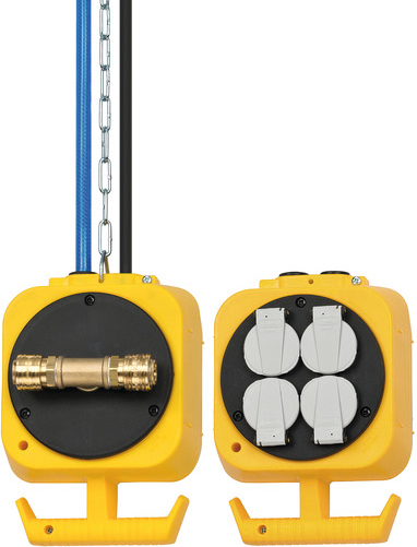 Pendelstromverteiler Druckluft 230V mit 4 Schuko-Steckdosen und 2 Druckluftanschlüsse IP20