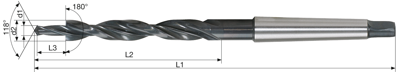 Mehrfasen-Stufenbohrer 180° MK Durchgangsloch Senkung mittel HSS D26/17,5mm Typ N DIN8376 M16