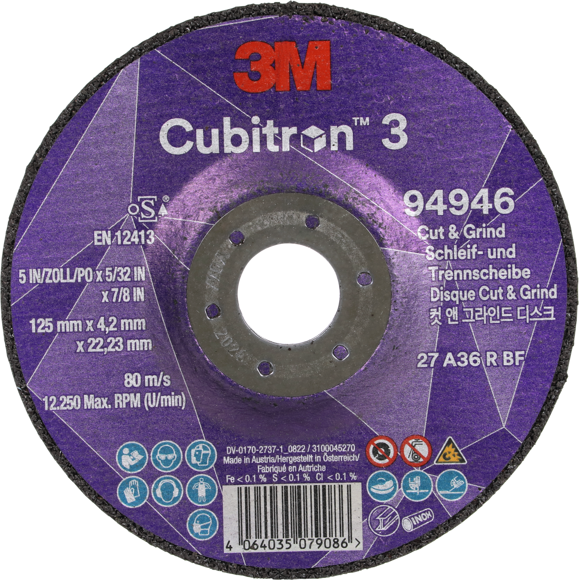 Schruppscheibe Cubitron™ III Cut & Grind Stahl/VA gekröpft D115mm B3,2mm Bohrung 22,23mm